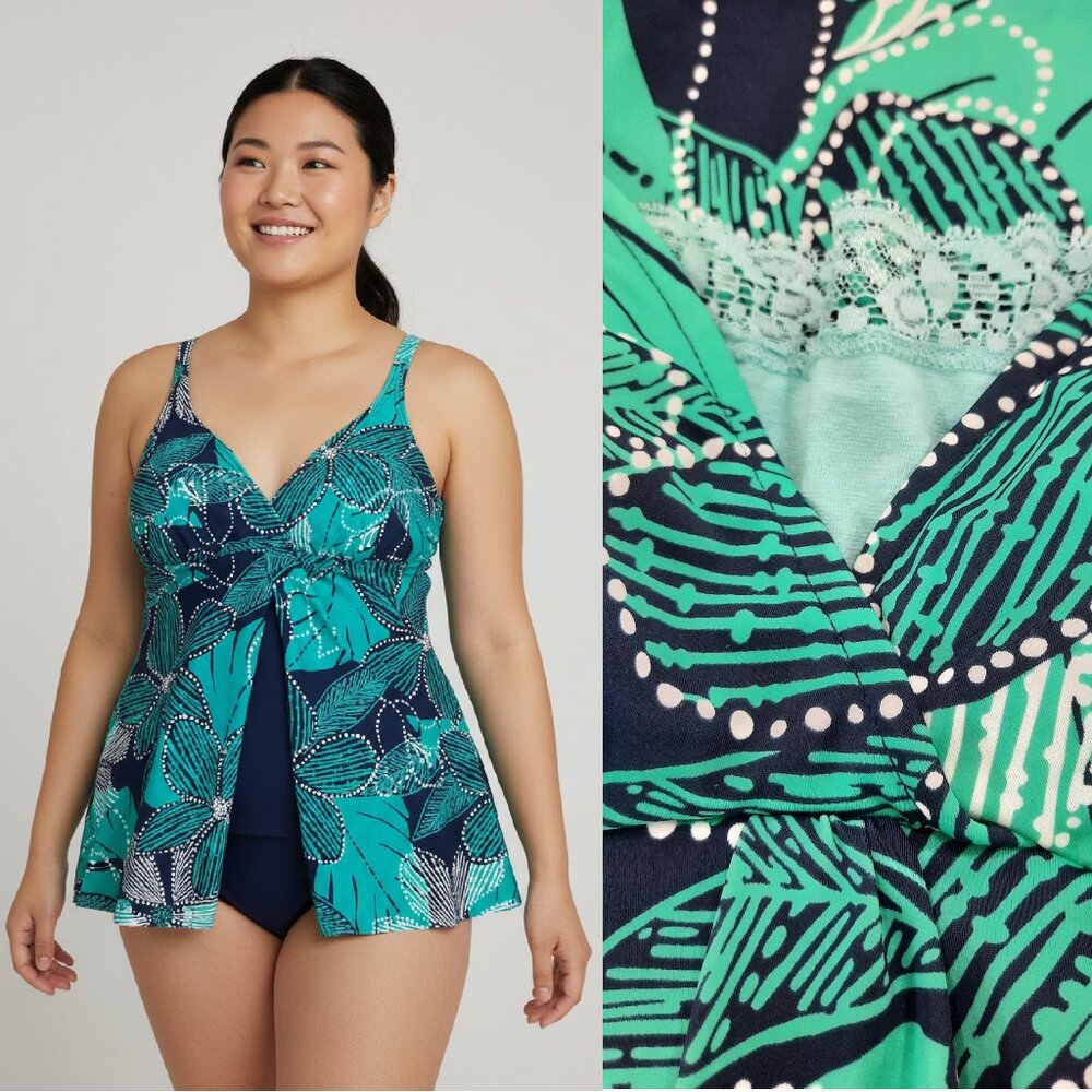 Plus Size Teal & Navy Floral Tankini One-Piece Swim